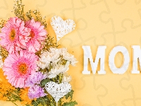 Napis, Kwiaty, Serduszka, Dzień Matki, Gerbery, Kolorowe, Mom
