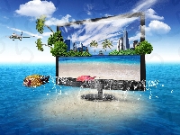 Palmy, Samolot, Ryby, Grafika, Morze, Wyspa, 4D, Monitor