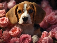 Beagle, Mordka, Pies, Szczeniak, Róże