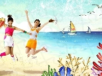 Łodzie, 2D, Plaża, Morze, Dziewczyny