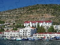 Balaklava, Morze, Wzgórze, Domy, Ukraina, Miasto, Port