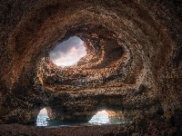 Algarve, Portugalia, Benagil, Grota, Skała, Niebo, Jaskinia, Morze
