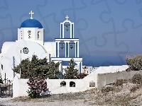 Morze, Grecja, Santorini, Cerkiew, Roślinność