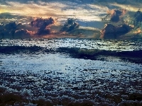 Morze, Zachód Słońca, Chmury, Fale