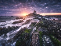 Skały, Zachód słońca, Morze, Miramar, Kapliczka, Capela do Senhor da Pedra, Portugalia, Kościół