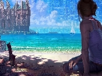 Dziewczyna, Morze, Żaglówka, Plaża, Grafika, Ważka, Zamek