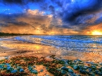Morze, Słońca, Kamienie, Plaża, Zachód
