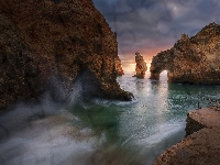 Morze, Zachód słońca, Skały, Portugalia, Cypel Ponta da Piedade