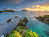 Morze, Hrabstwo Kerry, Irlandia, Dunquin Pier, Skały, Zachód słońca