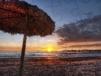 Morze, Parasol, Zachód, Słonca, Plaża