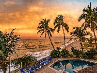 Basen, Mazatlan, Meksyk, Golden Beach, Leżaki, Morze, Zachód słońca, Palmy, Plaża