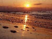 Morze, Plaża, Zachód Słońca