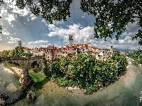 Drzewa, Most, Włochy, Rzeka, Budynki, Panorama miasta