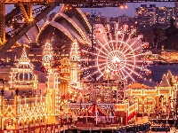 Oświetlenie, Diabelski młyn, Most, Budynki, Opera, Sydney, Australia, Park rozrywki, Sydney Opera House