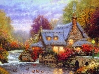 Most, Thomas Kinkade, Dom, Rzeka, Jesień