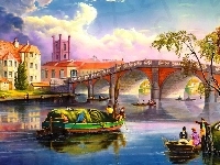 Łódki, Rzeka, Most, Domy