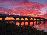 Most, Stany Zjednoczone, Indian River, Chmury, Rzeka, Floryda, Zachód słońca
