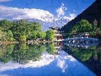 Mostek, Chiny, Góry, Jezioro, Dom