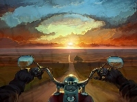 Motocykl, Słońca, Obraz, Droga, Zachód