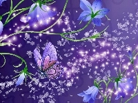 Motyl, Niebieskie, Kwiaty, Art
