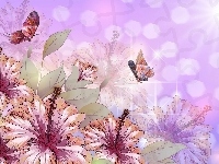 Motyle, Kwiaty, Hibiskus, Grafika 2D