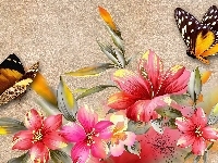 Motyle, Różowy, Hibiskus, Art