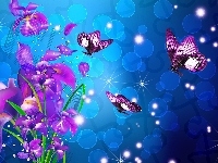 Motyle, Fioletowe, Kwiaty, Art