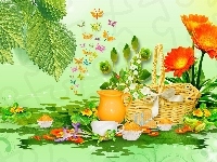 Motyle, Piknik, Grafika, Kwiaty, Koszyk