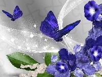 Motyle, Granatowe, Kwiaty, Art