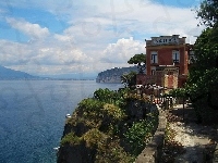 Włochy, Murek, Krzaki, Dom, Sorrento, Woda, Drzewa