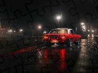 Czerwony, Mustang, Ford, Noc, Deszcz