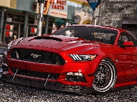 Czerwony, Gra, Ford Mustang GT350, Ulica, GTA 5, Grand Theft Auto 5, Przód