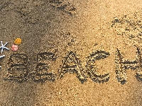Plaża, Muszelki, Rozgwiazdy, Beach, Napis