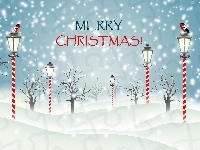 Latarnie, Napis, 2D, Śnieg, Drzewa, Ptaki, Merry Christmas