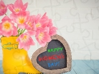 Kalosz, Serce, Happy Womens Day, Tulipany, Dzień kobiet, Bukiet, Napis