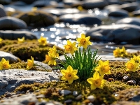 Mech, Żółte, Kwiaty, Narcyzy żonkile, Woda, Kamienie