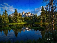 Grand Teton, Wyoming, Stany Zjednoczone, Park Narodowy Grand Teton, Rzeka, Drzewa, Wschód słońca, Góry, Snake River