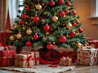 Bombki, Choinka, Boże Narodzenie, Złote, Prezenty, Czerwone