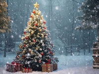 Zima, Choinka, Boże Narodzenie, Grafika, Prezenty