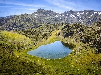 Góry, Asturia, Hiszpania, Rezerwat przyrody, Jezioro, Łąka, Niebo, Somiedo Natural Park, Trawa