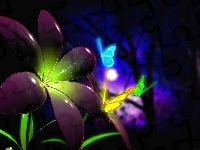 Neon, Kwiat, Motyle, 3D