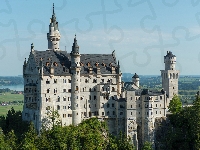 Drzewa, Bawaria, Niemcy, Gmina Schwangau, Niebo, Zamek Neuschwanstein