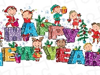 Napis, Sylwester, Happy New Year, Białe, Choinka, Dzieci, Bombki, Ozdoby, Wesołe, Prezenty, Tło
