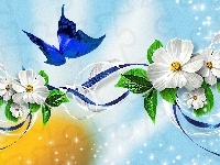 Niebieski, Grafika, Kwiatki, Motyl