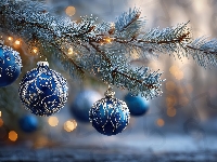 Boże Narodzenie, Bombki, Niebieskie, Grafika AI, Sosna