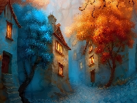 Drzewa, Uliczki, Domy, Niebieskie, Grafika AI, Czerwone