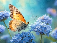 Motyl, Niebieskie, Owad, Grafika, Kwiaty