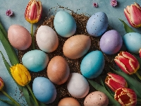 Niebieskie, Tło, Gniazdko, Żółto-czerwone, Tulipany, Pisanki, Kwiaty, Kolorowe