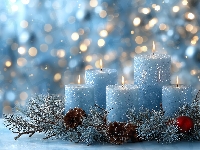 Grafika AI, Świece, Niebieskie, Gałązki, Świąteczne, Szyszki