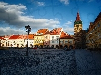 Niebo, Plac, Wieża, Rynek, Kamienice, Cień